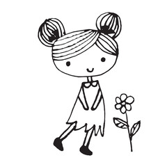 Cute girl doodle cartoon character hand drawing isolated