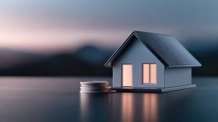 small toy house with a sloping roof and two windows. The house is placed on a reflective surface, with a stack of coins next to it.