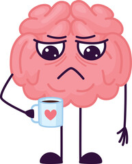 A cartoon brain holding a mug with a heart on it