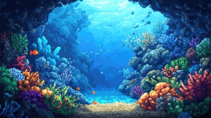 Naklejka premium Vibrant Underwater Cave with Colorful Coral and Exotic Fish