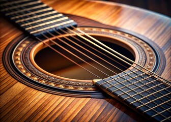 Naklejka premium Detailed Macro Shot of Acoustic Guitar Fretboard with Strings, Sound Hole and Rosette, Captured in 4K Quality for Stunning Visual Appeal in Fashion Photography