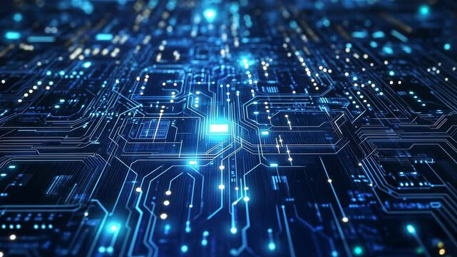 Futuristic circuit board background pulsating with blue energy and data flow