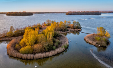 Islands where birds can nest in the Veluwemeer near Nunspeet in the Netherlands