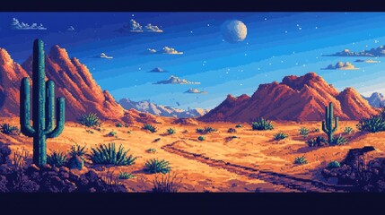 Fototapeta premium Vibrant Desert Landscape with Cacti and Starry Night Sky