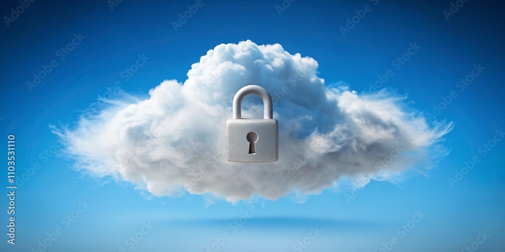 Poster digital composite of a cloud with a padlock shape cut out, representing secure cloud computing and d