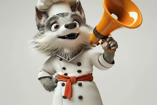 a cute wolf cartoon character chef hold megaphone
