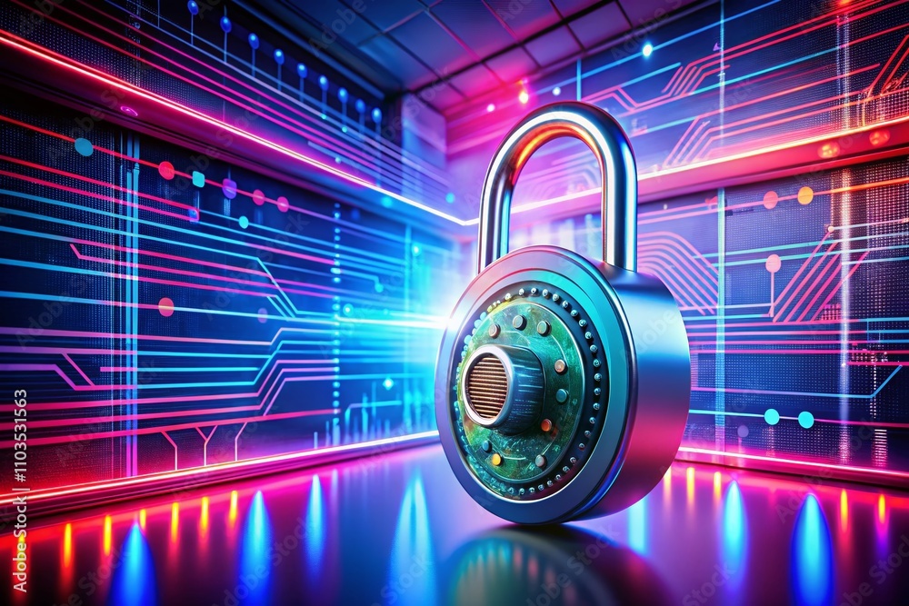 Poster digital security lock on a modern device with copy space for cybersecurity concepts, emphasizing pro