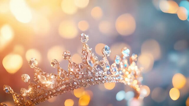 A luxurious golden crown adorned with sparkling jewels and set against a golden bokeh background, evoking royalty and opulence.
