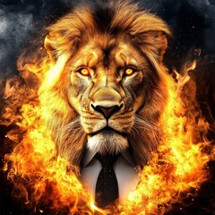 The dramatic contrast of a lion against a fiery backdrop.