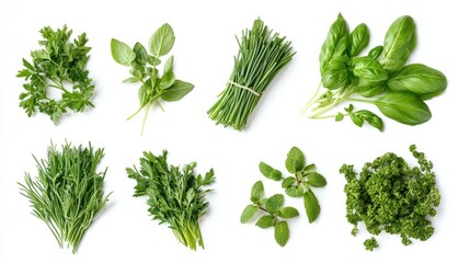 Naklejka premium Fresh organic herbs and spices element or ornament isolated over a white background, arranged bunches, leaves and blades