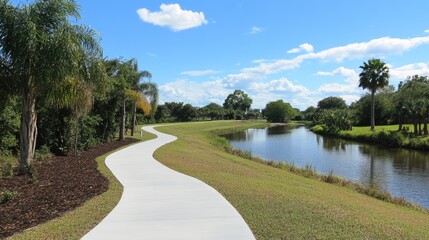 Serene Pathway Along Calm River Under Bright Blue Sky