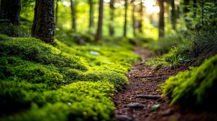 Naklejka premium Tranquil walk through a vibrant forest ecosystem.