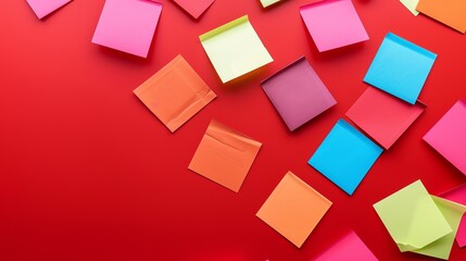 Colorful sticky notes on a red background.