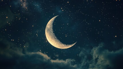 Fototapeta premium Gazing upon the heavens, one finds a tranquil crescent moon cradled among a myriad of stars. The night's embrace is cool and dark, yet the celestial bodies cast a soft, enchanting glow