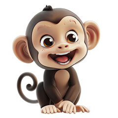 Naklejka premium Cute Cartoon Monkey Smiling, Brown Fur, Big Eyes, Happy Expression, 3D Render, Playful, White Background