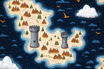 Outline sketch and guideline concept, A whimsical island map featuring castles, mountains, and clouds, set against a deep blue sea, ideal for adventure and fantasy themes.
