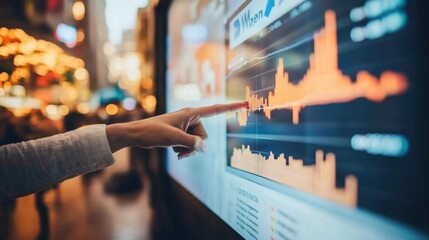 A stock market concept with a businessperson pointing at glowing trend lines on a screen.