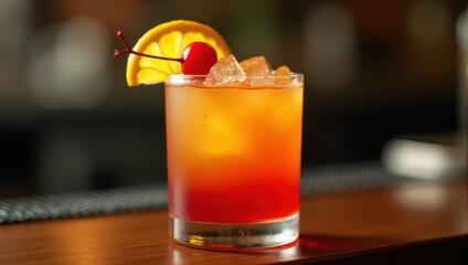 Tequila Sunrise Cocktail - Vibrant cocktail with orange slice and cherry garnish served on a wooden bar counter, showcasing a refreshing blend of colors and ice cubes