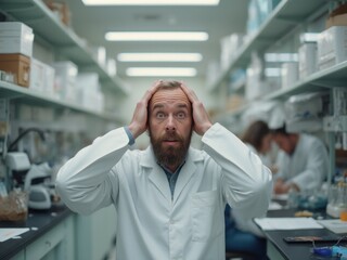 A Surprised Laboratory Technician in a White Coat Reacting to Unexpected Results in a Busy Research Facility