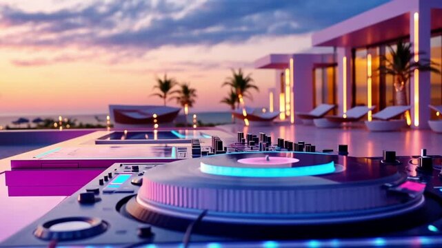 DJ mixer on a rooftop with a view of a pink sunset.