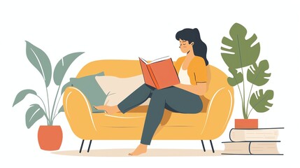 A woman sits on a yellow couch reading a book.