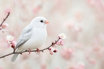 Outline sketch and guideline concept, A serene white bird perched on a branch adorned with delicate pink blossoms, set against a soft, blurred background of pastel hues.