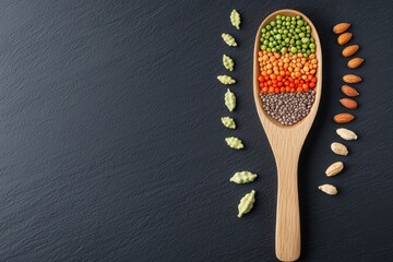 Colorful Grains and Nuts Arrangement in Wooden Spoon on Dark Surface