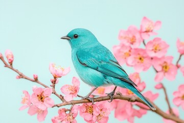 Outline sketch and guideline concept, A vibrant turquoise bird perched on a cherry blossom branch against a soft pastel background.