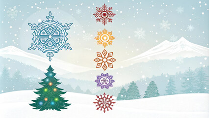 Snowflakes and Christmas tree, festive mood, arranged in a winter landscape with snowy mountains