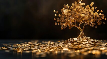 A symbolic golden tree growing from a pile of coins, with market trends and financial success in the background.