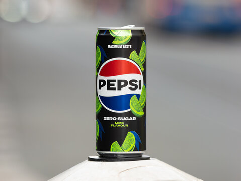 PRAGUE, CZECHIA - 3. October 2024: Pepsi Zero Sugar Lime Flavour can. Sugar free soft drink with cola and citrus fruit taste. Beverage can in the 330 ml size.