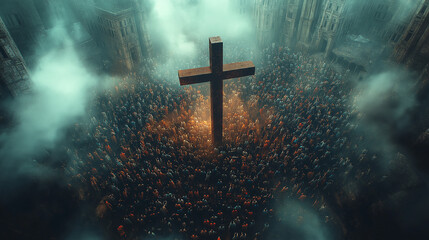 Fototapeta premium Christian believers there are a lot of people on the background of the cross Easter holiday