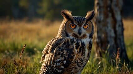 great horned owl on the ground
