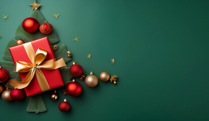 A top view festive red gift box wrapped in a golden ribbon lies on a green background shaped like a Christmas tree, surrounded by holiday ornaments.