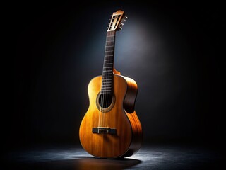 Dramatically Lit Classical Guitar Against Black Background Showcasing Intricate Details and Artistic Flair in Portrait Photography Style