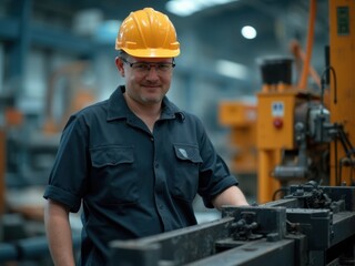 A Factory Worker in a Hard Hat Stands Near Machinery, Demonstrating Expertise and Safety in a Manufacturing Facility