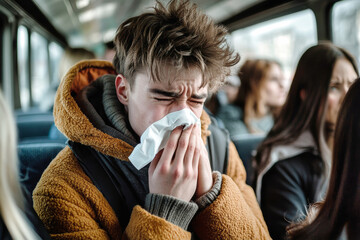 Young man sneezes into a handkerchief on a bus, eliciting responses of concern from fellow passengers