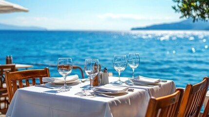 Scenic outdoor dining setup by the sea with beautiful views.