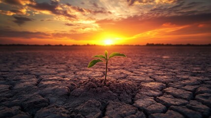 A lone plant sprouts from cracked soil under a vibrant sunset.