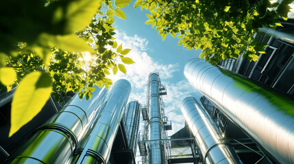 Modern eco-friendly factory harmonizing industry with nature under a blue sky and lush green leaves, showcasing sustainable production