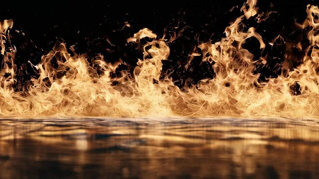 A dramatic line of intense flames with golden reflections on a dark surface, creating a powerful and energetic visual.