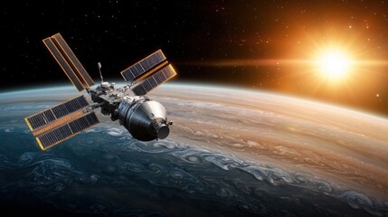 Orbiting satellite monitoring and communicating with Earth s atmosphere providing essential data for global weather climate and environmental research and