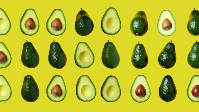Fresh avocados (whole and halved fruits) arranged in neat rows on yellow background, with creamy flesh and brown pits. Mesmerizing right-to-left motion creates hypnotic pattern and seamless loop.
