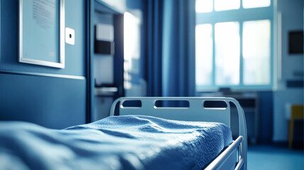 Fototapeta premium A modern hospital room featuring a close-up view of a hospital bed with a blue and white color scheme and natural light streaming in through the window
