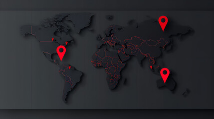 A sleek, modern map visualization with a dark, minimalist aesthetic, red outlines marking countries and boundaries, red location pins, hierarchy among the marked locations