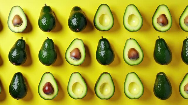 Whole and halved fresh avocados, their creamy flesh and rich brown pits on display, arranged in neat rows on yellow background. Smooth slow right-to-left motion creates mesmerizing pattern.
