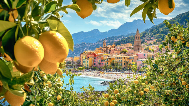 Breathtaking landscape of Menton with lemons in the foreground and the vibrant French Riviera in the distance