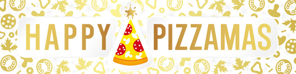 Chrismas decorative banner for pizzeria, cafe or  restaurant. Slice of pizza as a X mas tree, cute creative background with isolated golden elements of pizza and clipping mask. White paper backdrop.