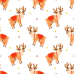 A seamless festive pattern featuring charming Christmas deer. For holiday textiles, gift wrap, and decorative backgrounds.