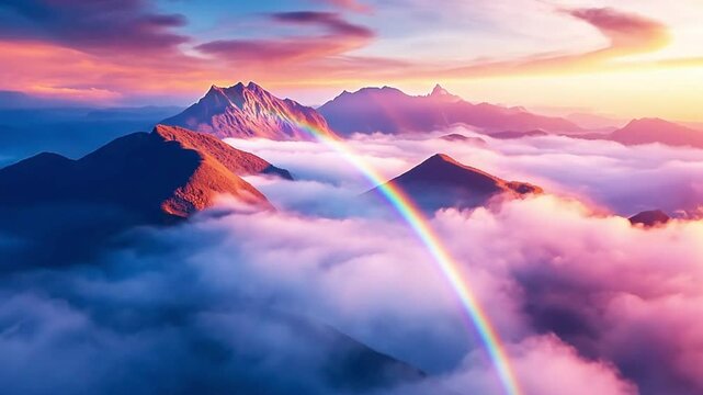 A colorful rainbow arches over a misty mountain landscape during sunset.